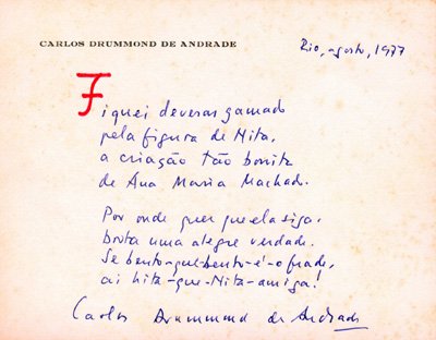 Carta do escritor Carlos Drummond de Andrade falando do livro.